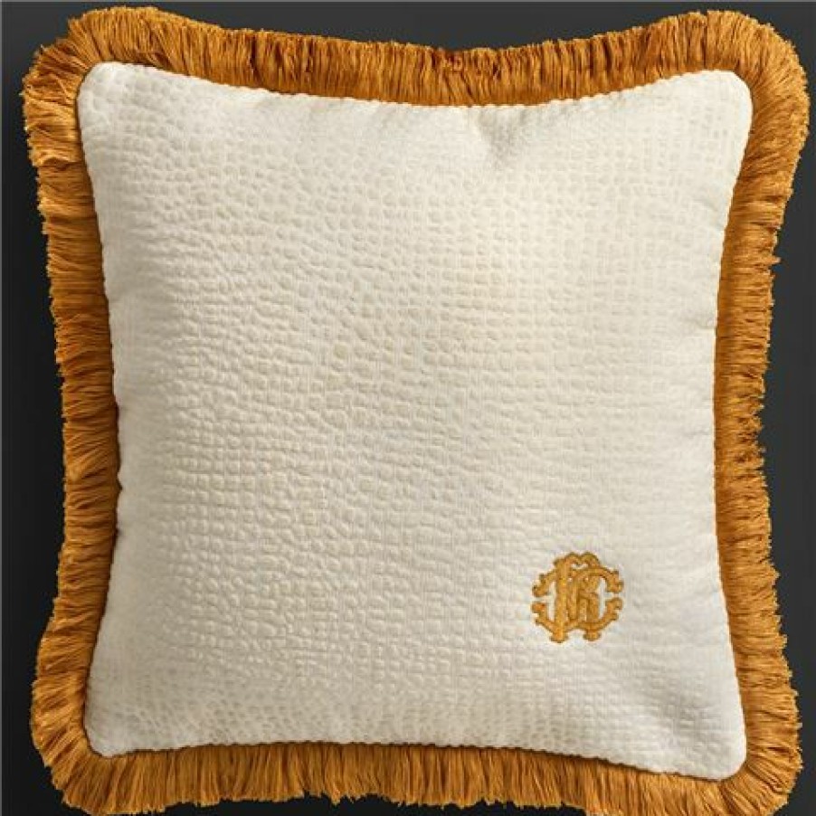 Roberto Cavalli Skin Velvet Cushion White & Gold 60X60Cm | * Hot